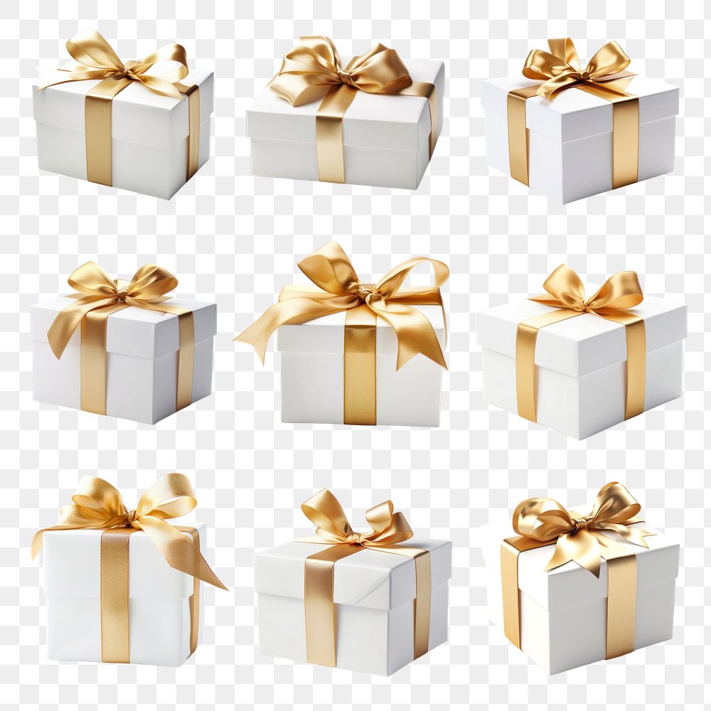 PNG white gift box golden ribbon element set, transparent background