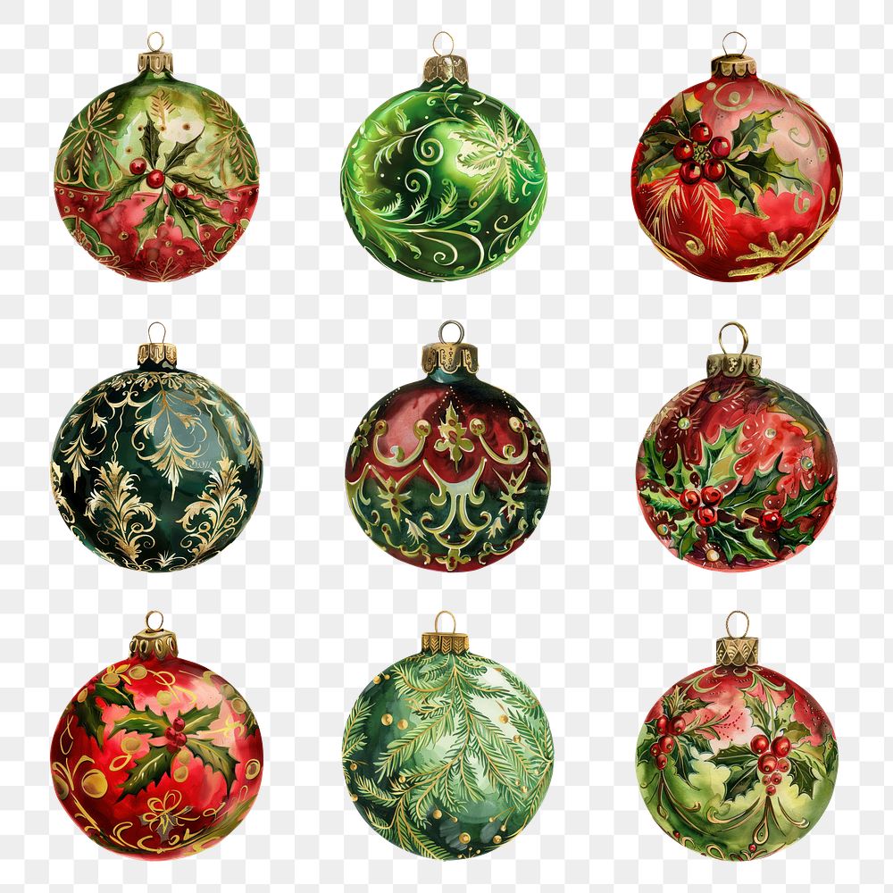 PNG vintage Christmas bauble design element set, transparent background