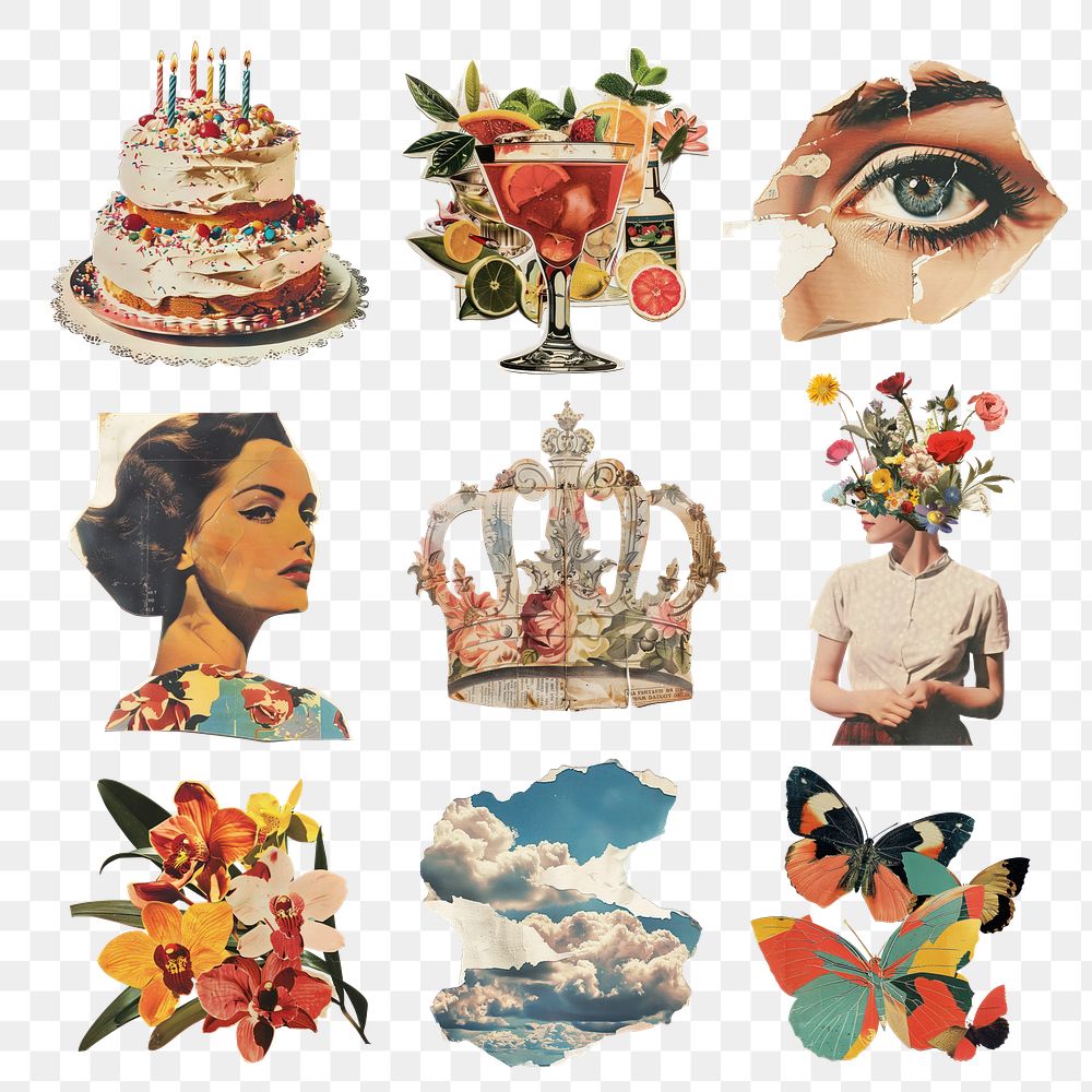 PNG Vintage collage art design element set, transparent background