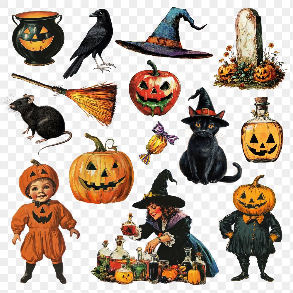 PNG Halloween vintage illustration element set, transparent background