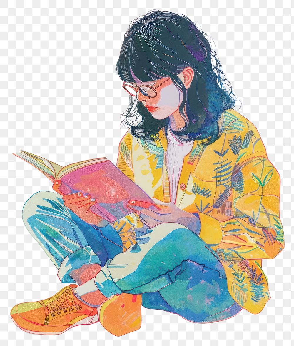 PNG Girl reading Risograph style painting drawing sketch.