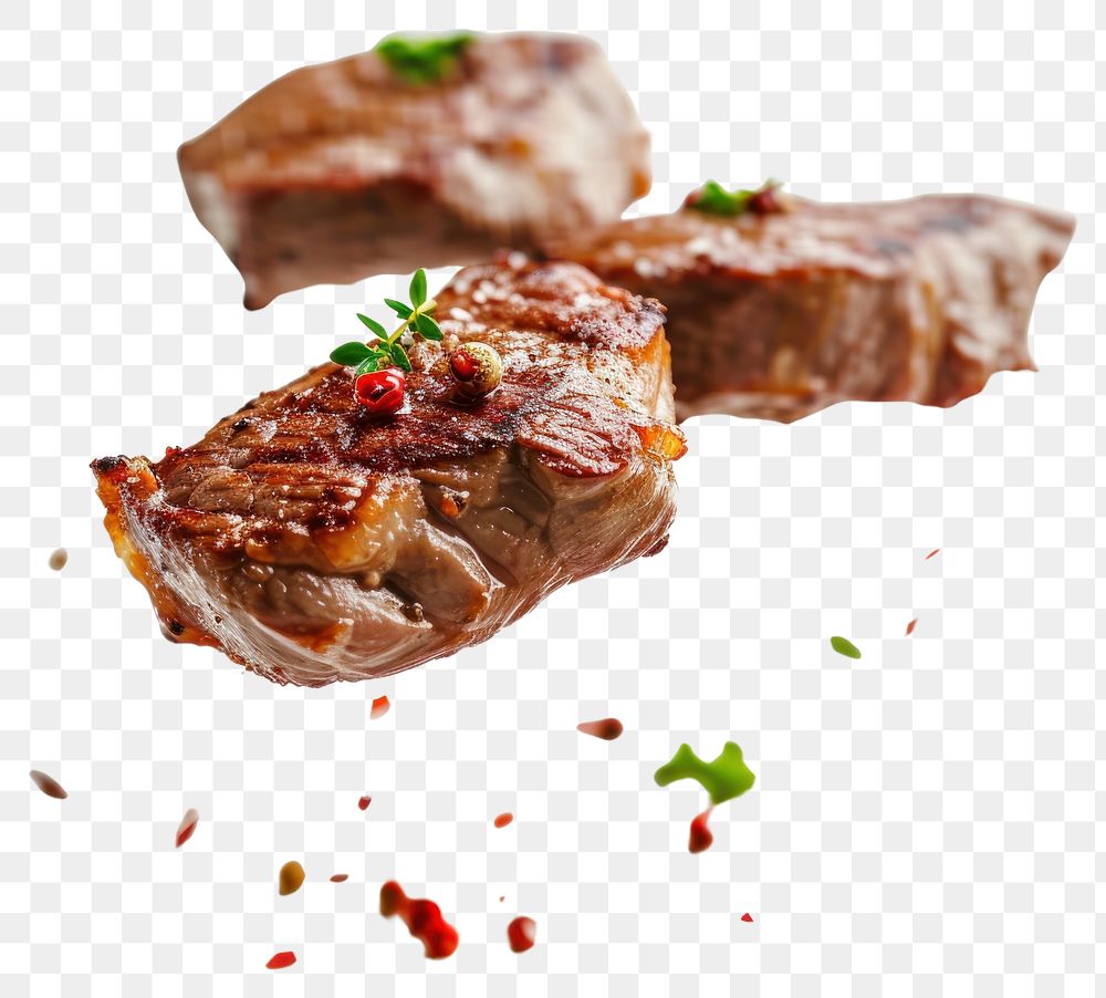 PNG Photo of flying Steaks cooked steak meat beef.