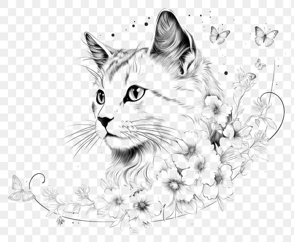 PNG Cat with flowers drawing animal mammal.