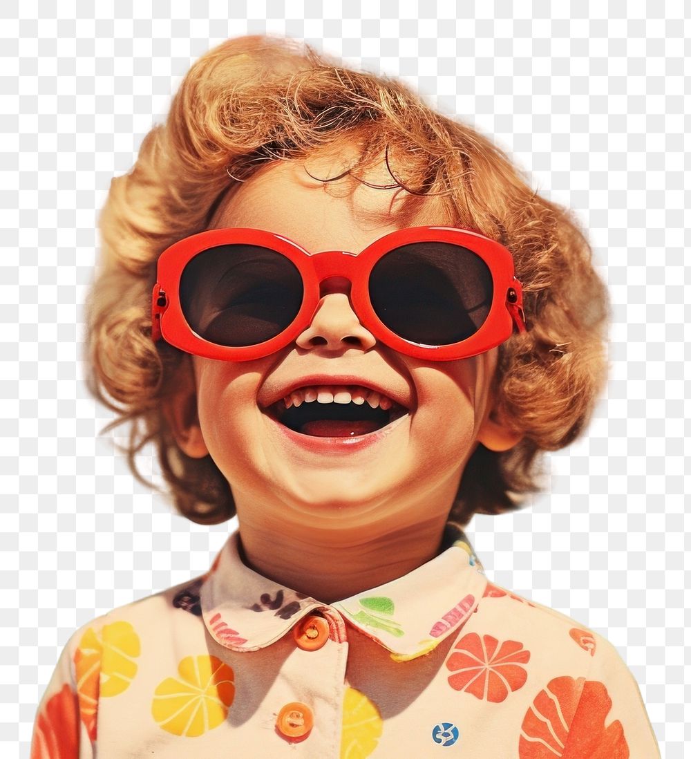 PNG Collage Retro dreamy happy kid sunglasses laughing portrait.