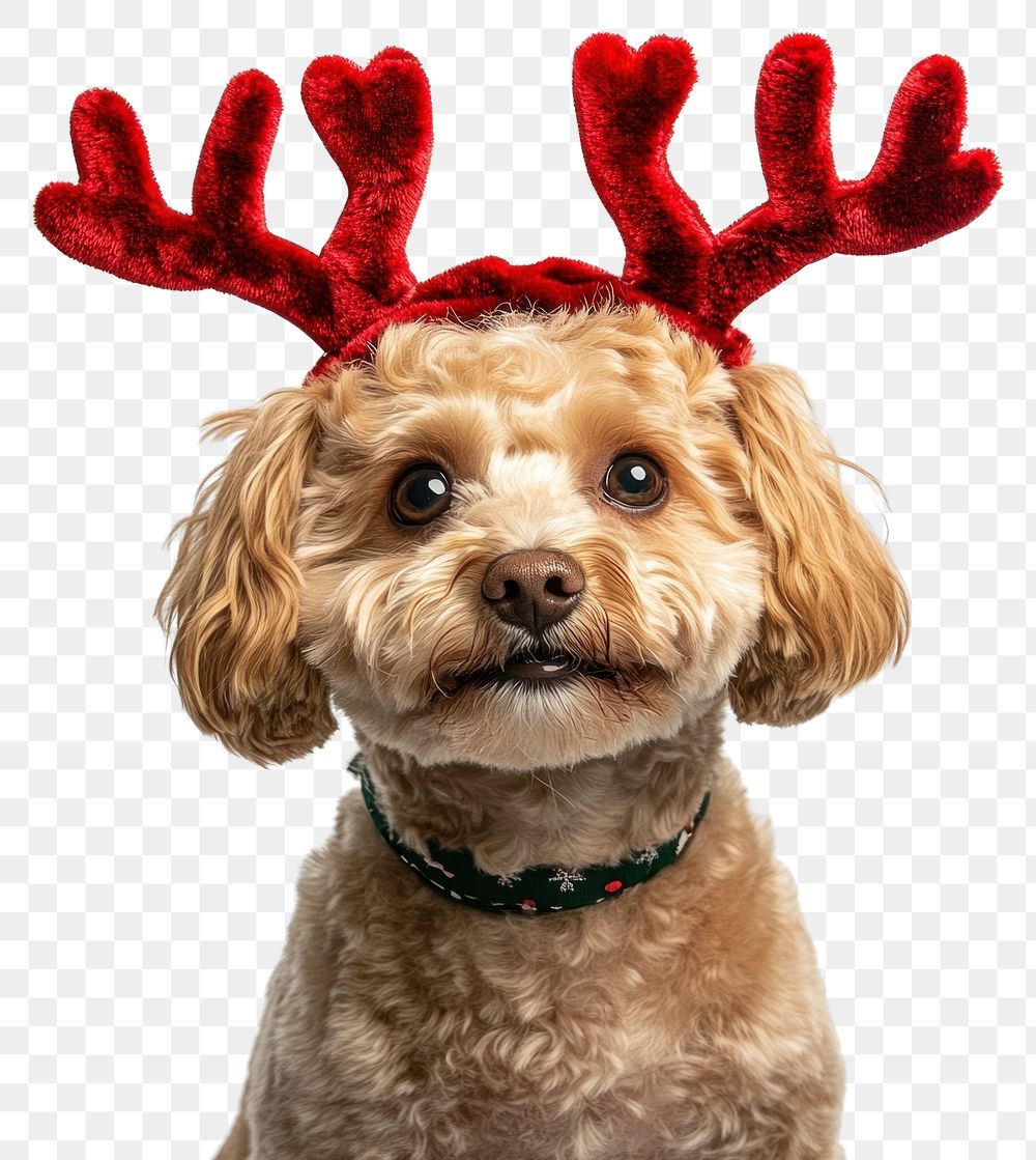 PNG Maltipoo dog dog wearing a red deer antlers headband on head christmas costume animal.