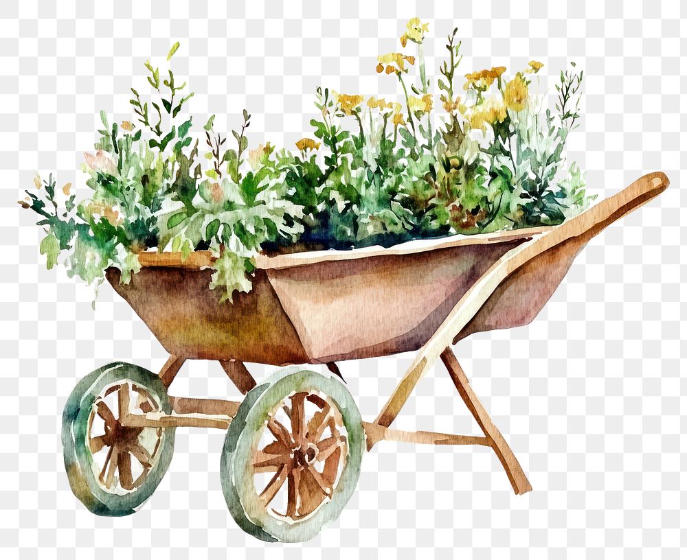 PNG Wheelbarrow garden illustration watercolor plant.