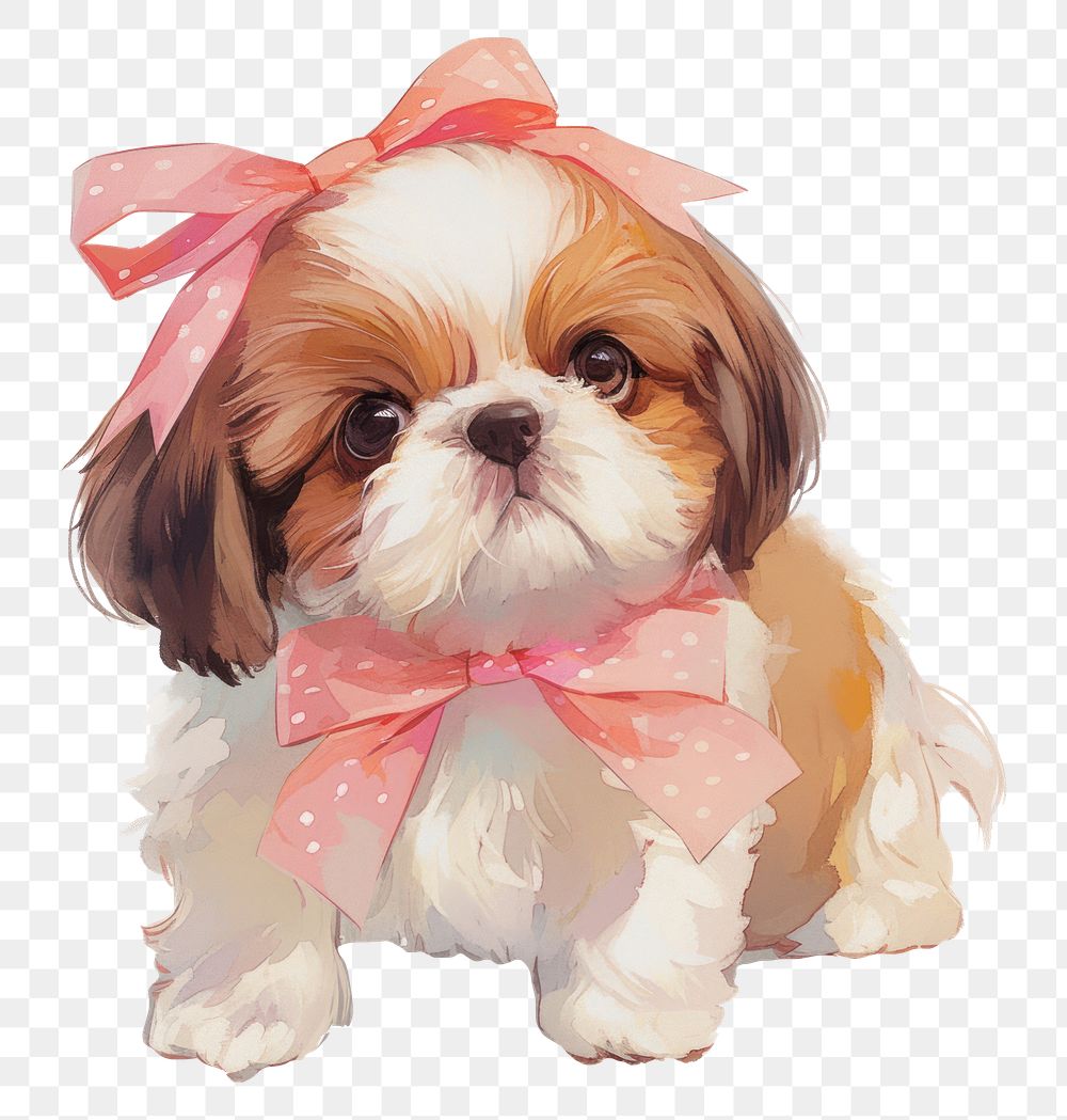 PNG Coquette chubby Shih Tzu puppy illustration ribbon dog.