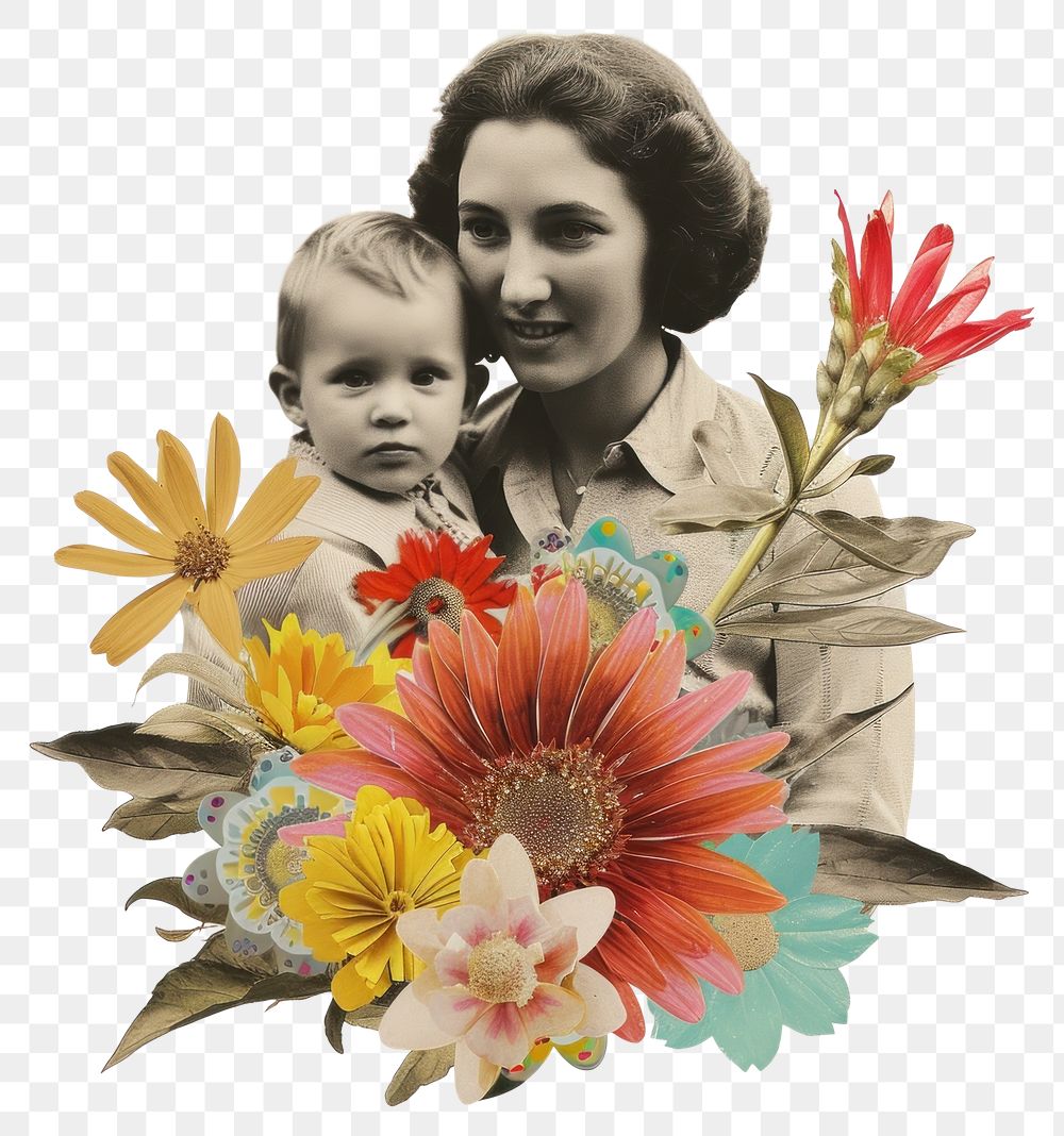 PNG Paper collage of mother and child flower portrait plant.