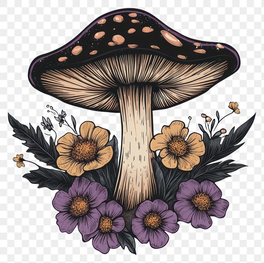 PNG An isolated mushroom surrouding by flowers on it art illustration colorful.