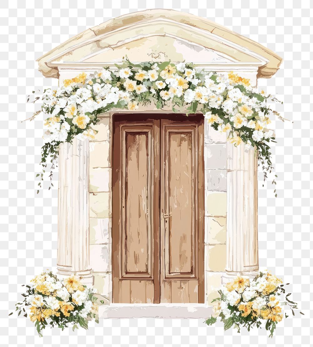 PNG An ancient greek wedding door with white and yellow flowers art architecture building.