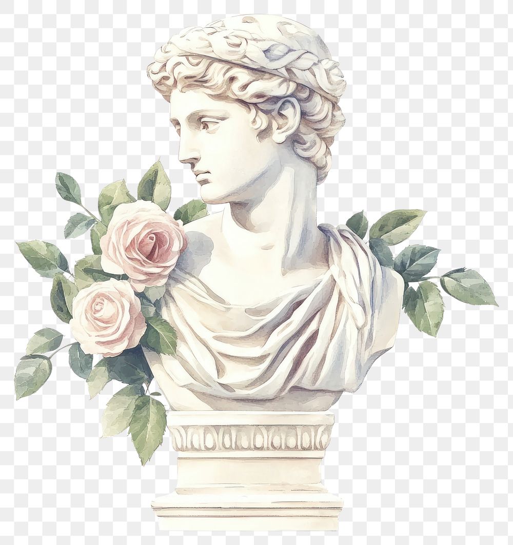 PNG An ancient greek statue and rose painting art illustrated.