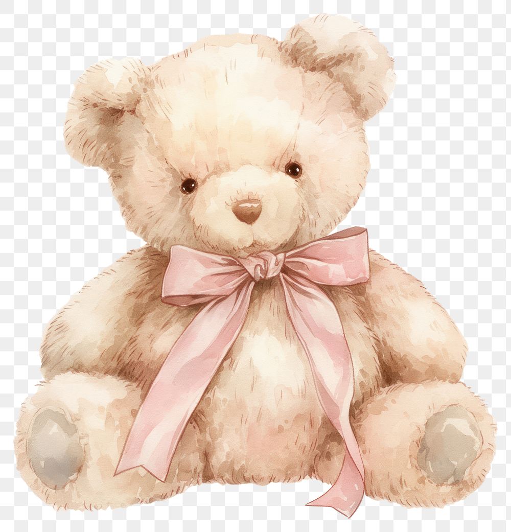 PNG Coquette brown teddy bear illustration watercolor ribbon.