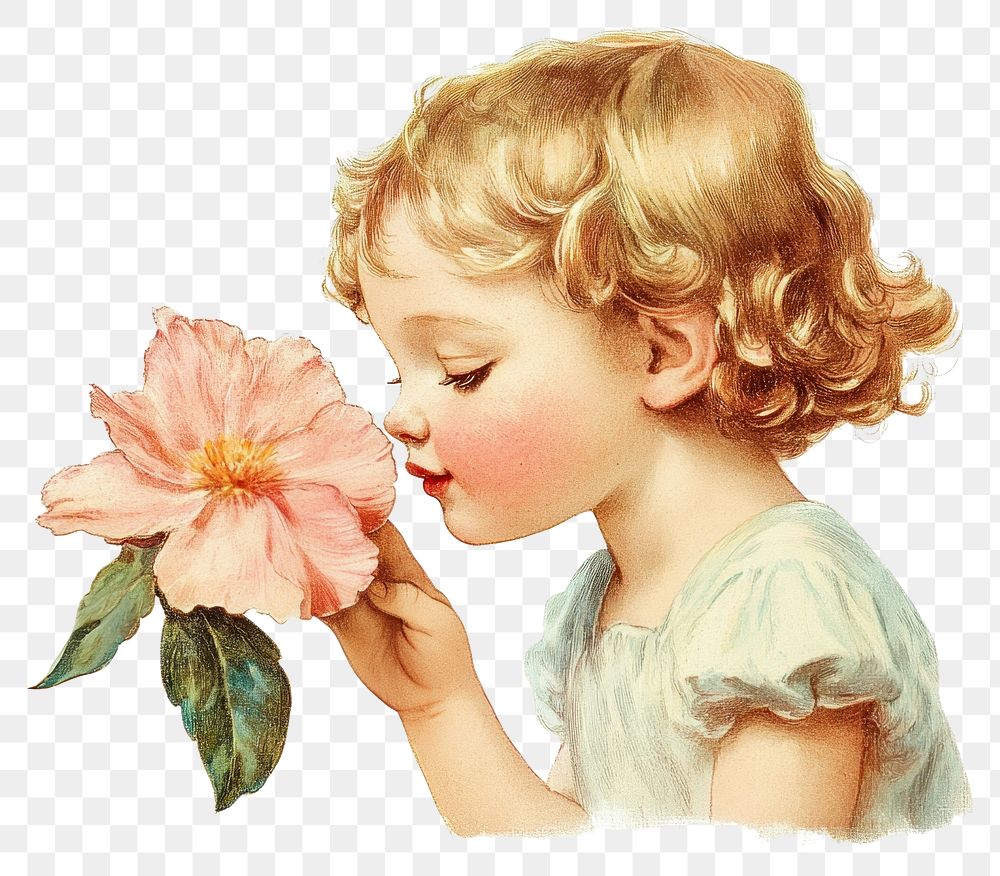 PNG Smelling flower illustration vintage.