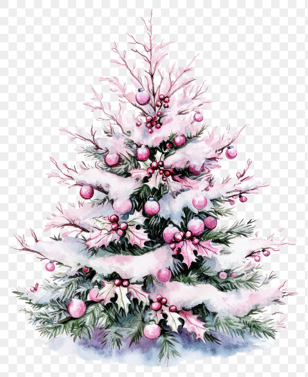 PNG Pink christmas tree illustration watercolor hand-painted.