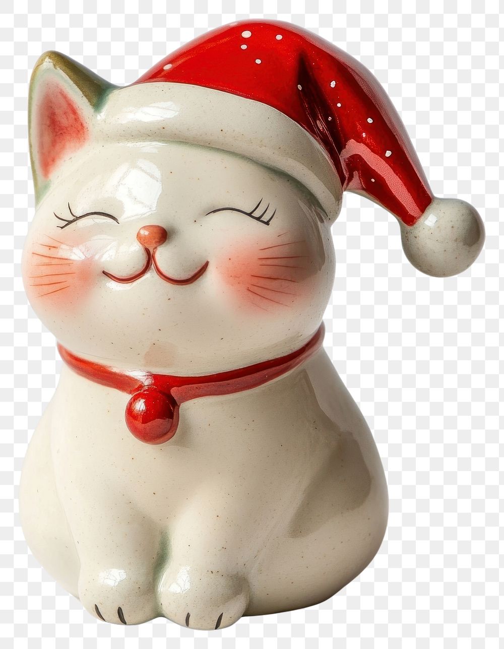 PNG Ceramic cat wearing christmas hat figurine cute decoration.