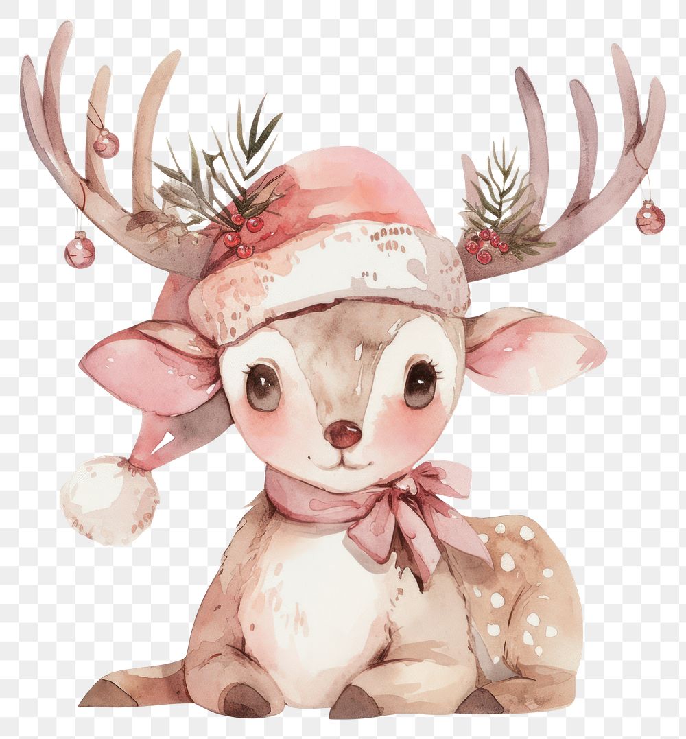 PNG Cute animal with pink santa hat illustration watercolor art.