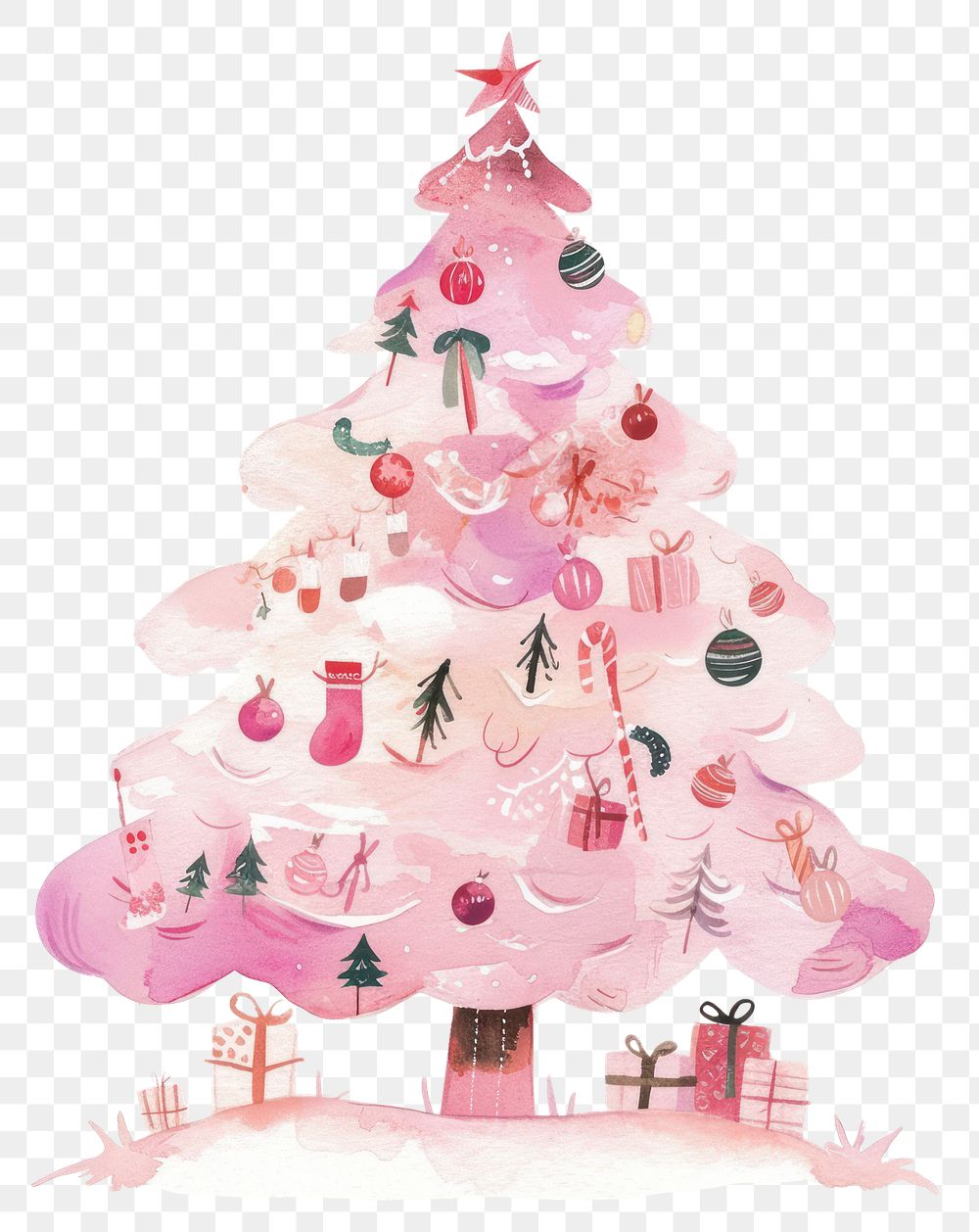 PNG Pink christmas tree illustration watercolor style.