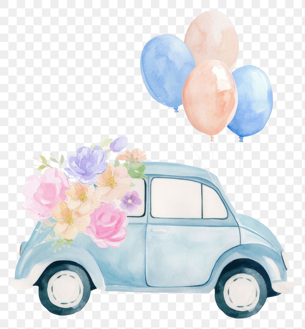 PNG A cute wedding mini car adorned with flowers and balloons illustration watercolor vehicle.