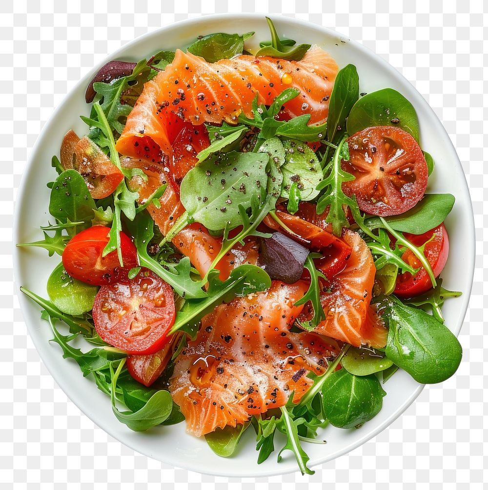 PNG Salad with smoked salmon vegetable arugula produce.