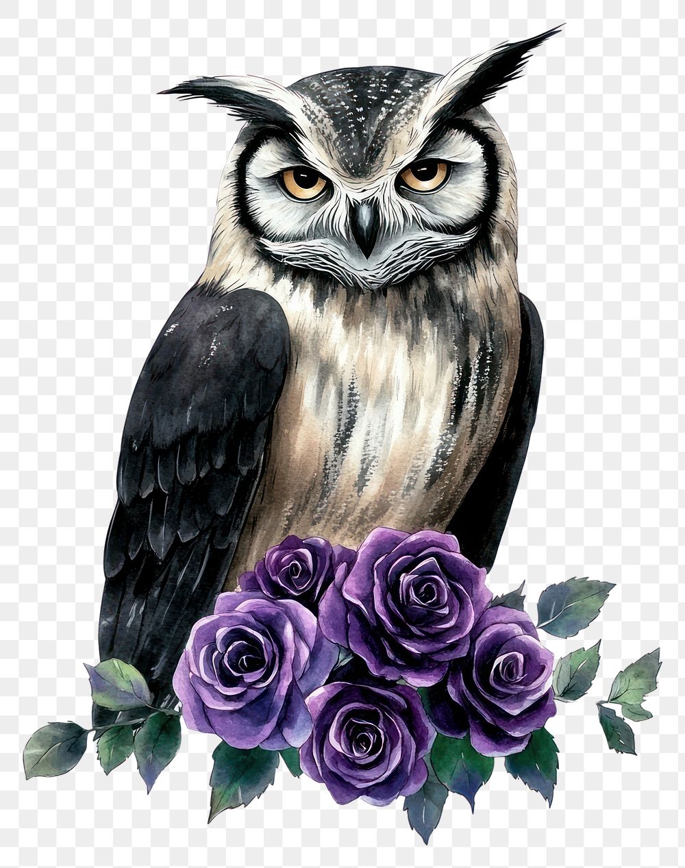 PNG Owl witch with purple and black roses art illustration realistic.