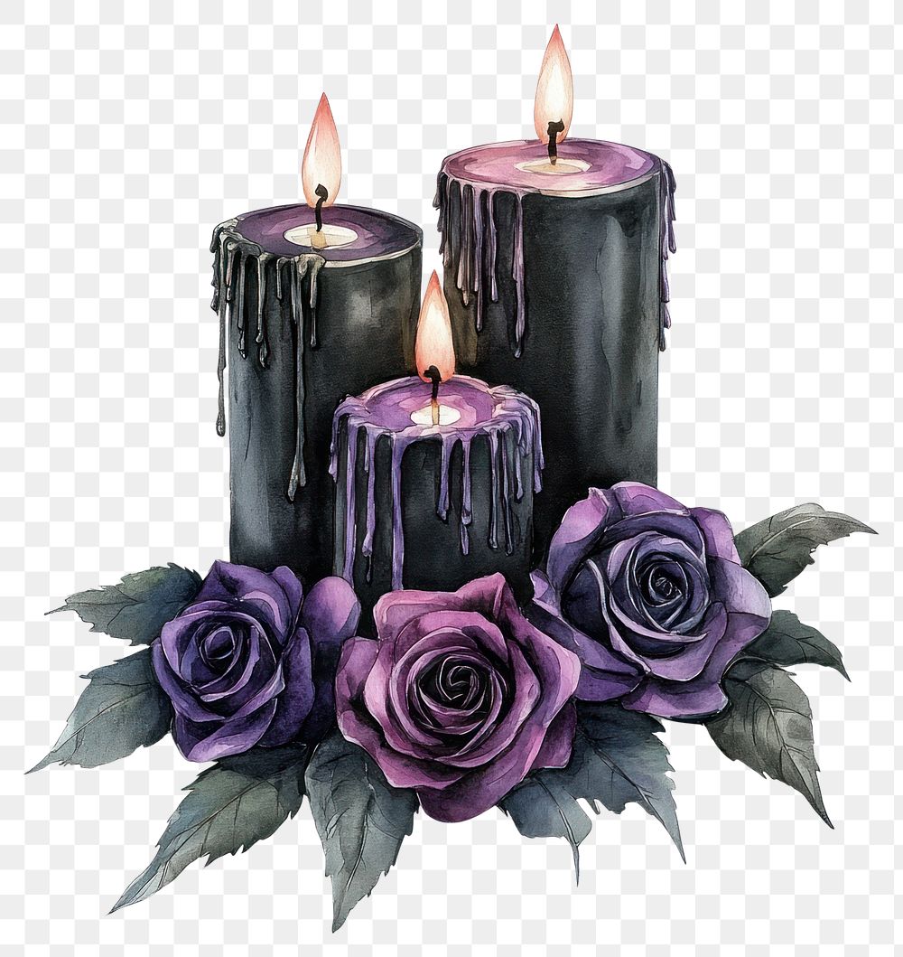 PNG 3 Candles with purple and black roses candles illustration gothic.