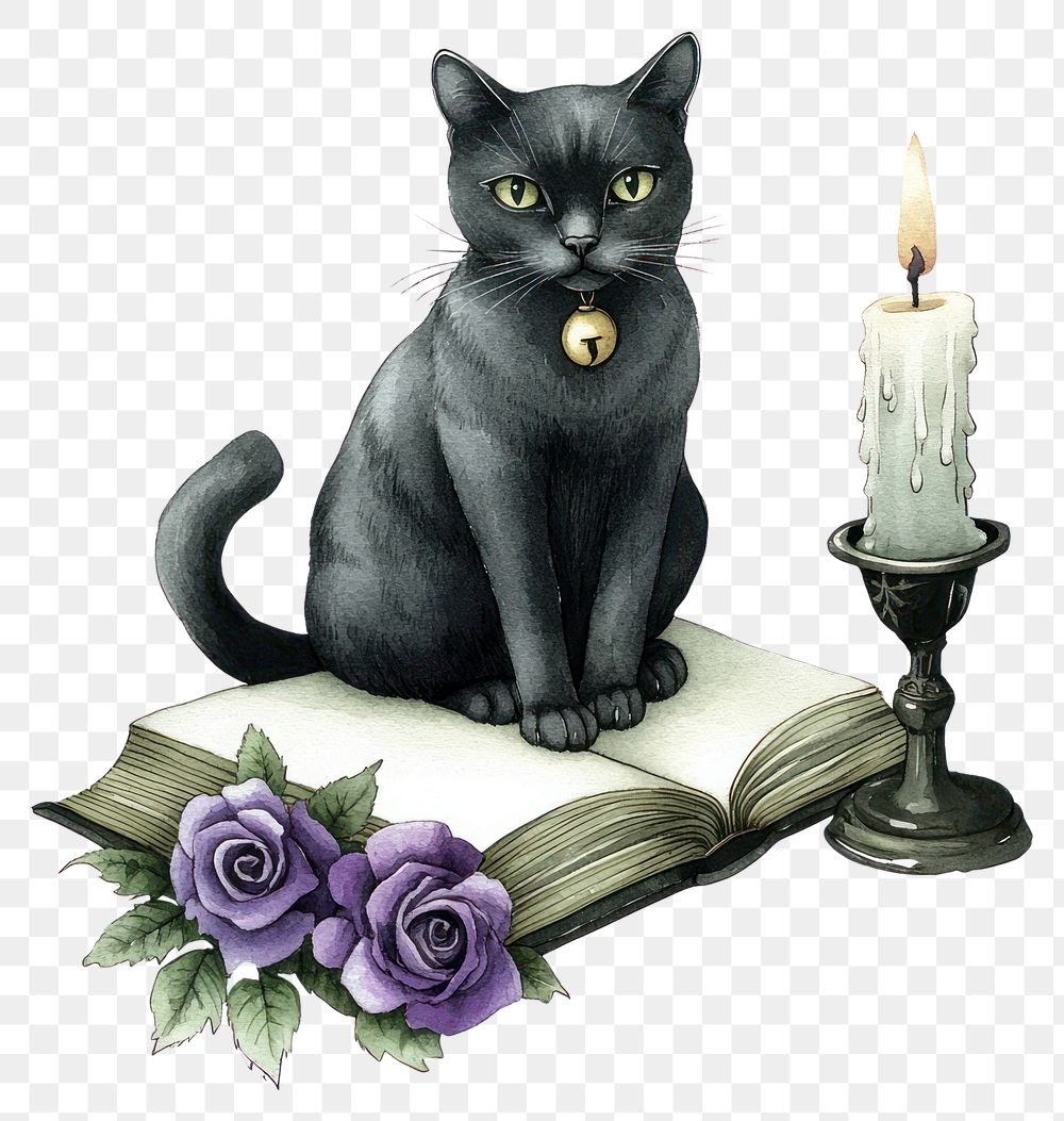 PNG Cat sitting on a book candle roses cat.