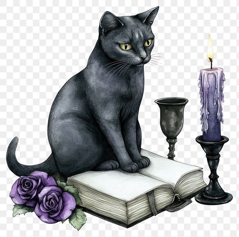 PNG Cat sitting on a book candle cat illustration.