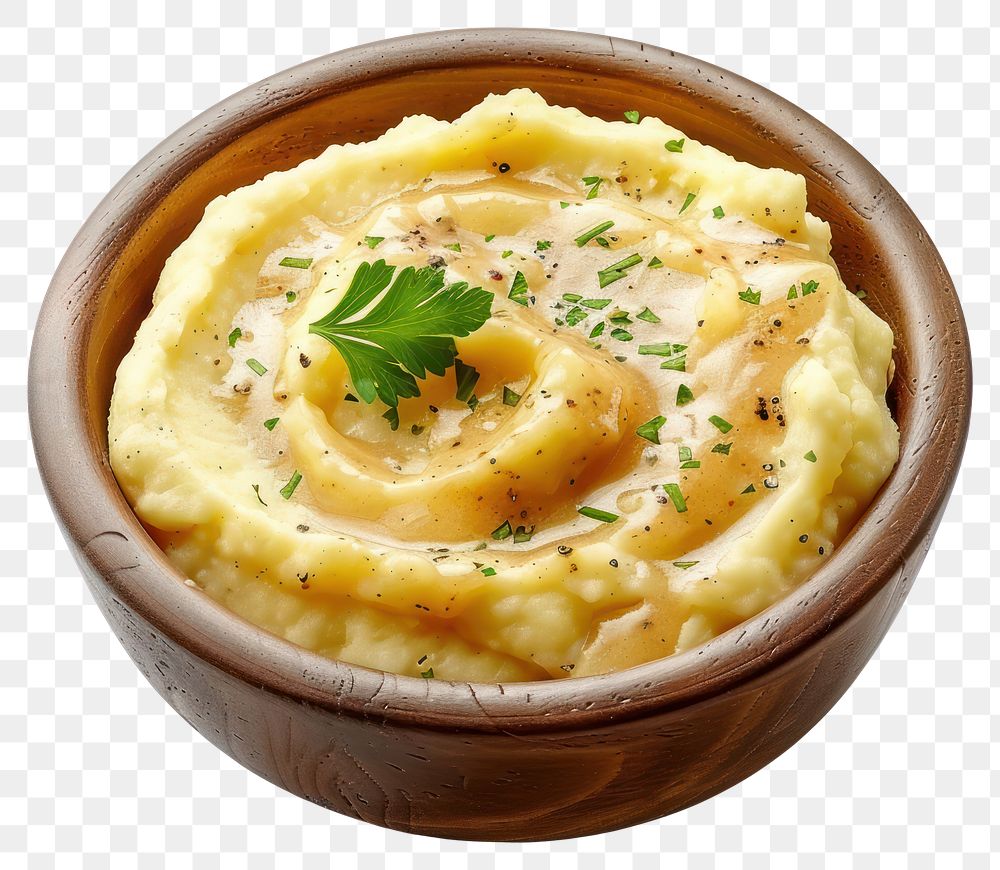 PNG Mashed potato with gravy sauce food potatoes bowl.