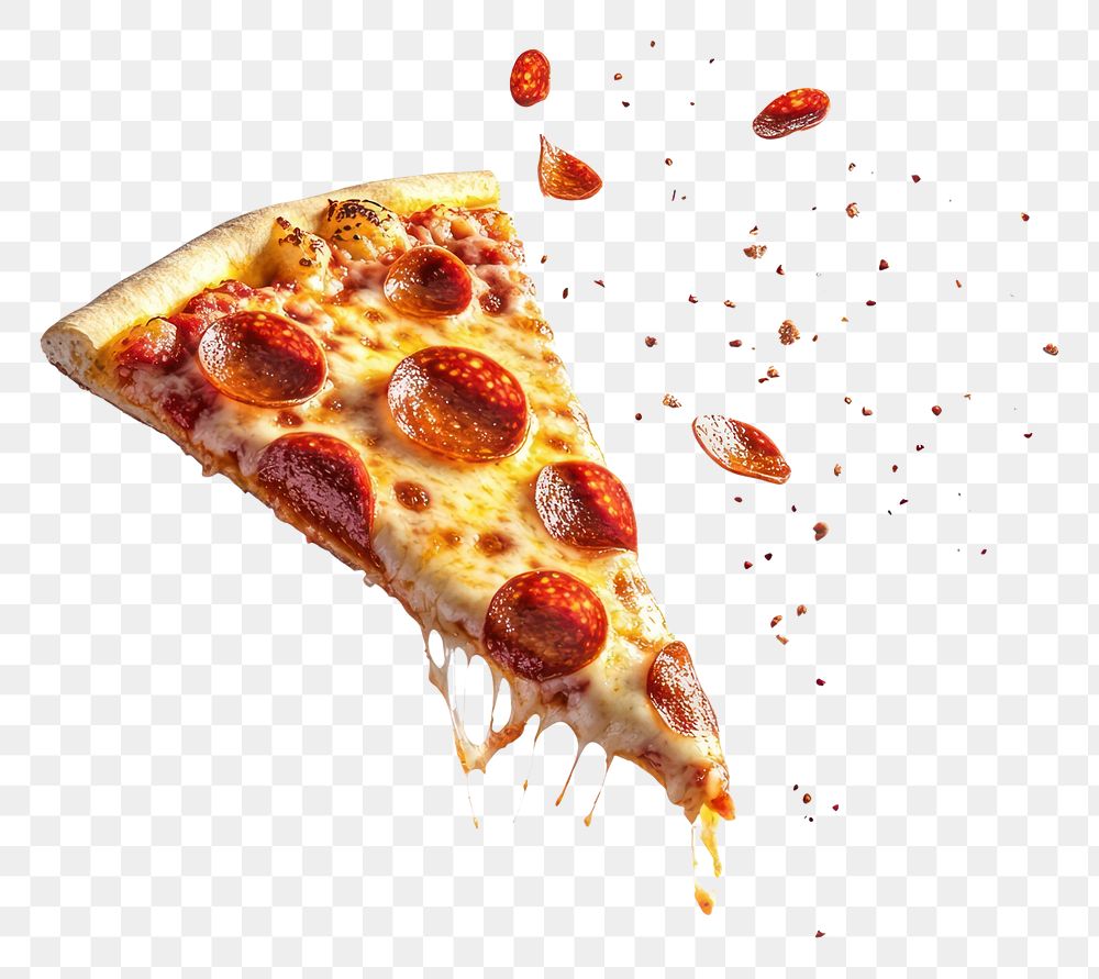 PNG A slice of pepperoni pizza flying in the air food delicious cheese.