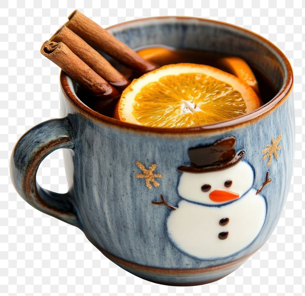 PNG Cute pottery tea cup snowman orange beverage.