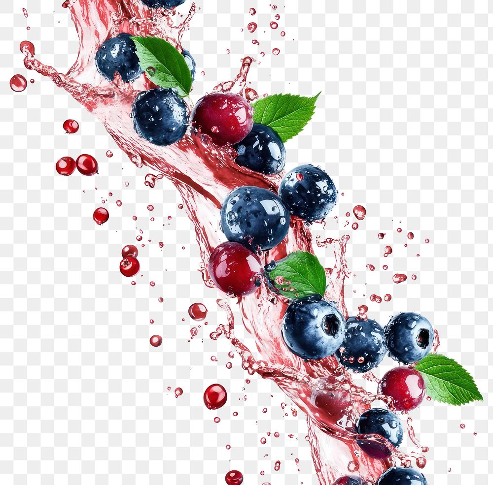 PNG Berries flying in the air with red color water splash berry blueberries blueberry.