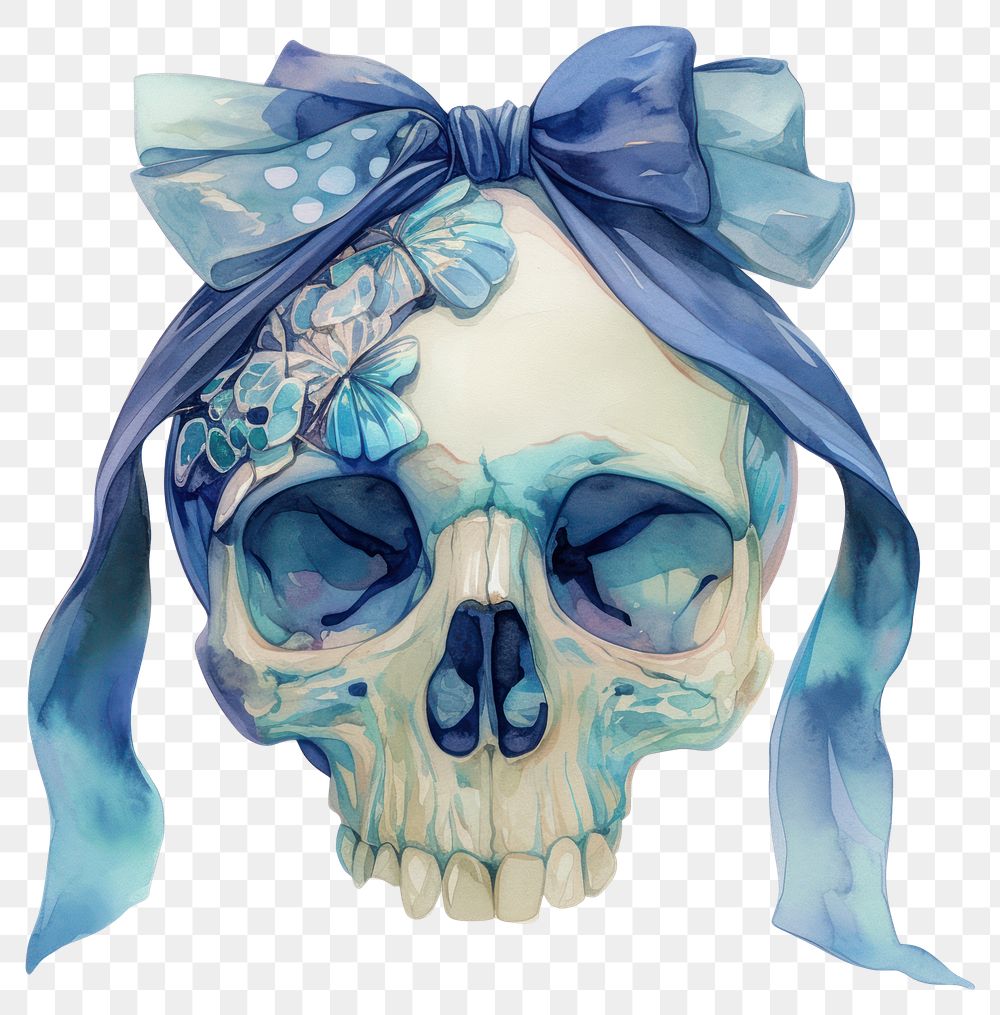 PNG Blue coquette skull art illustration watercolor.