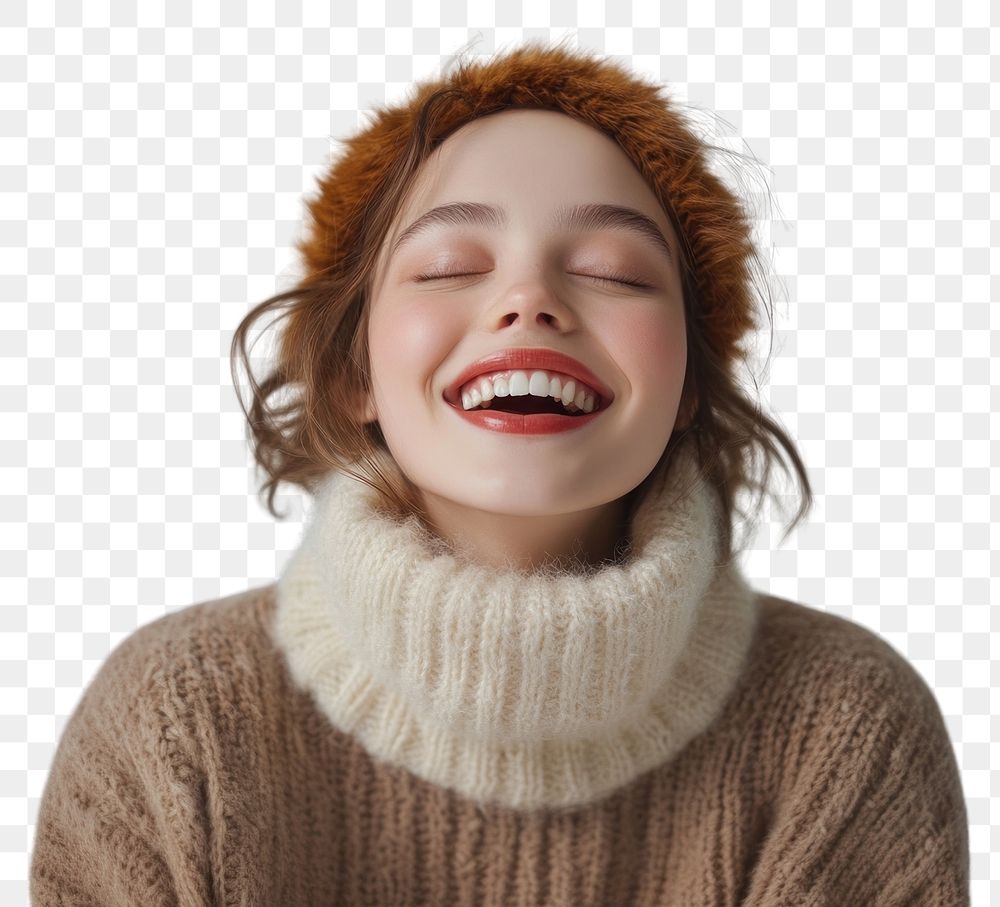 PNG Young woman with a lively sweater smile expression.