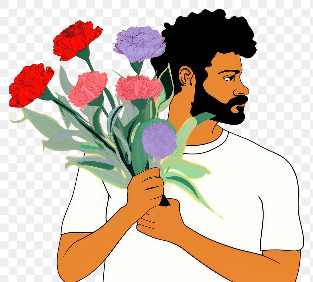 PNG Man holding a flower bouquet art cartoon plant.