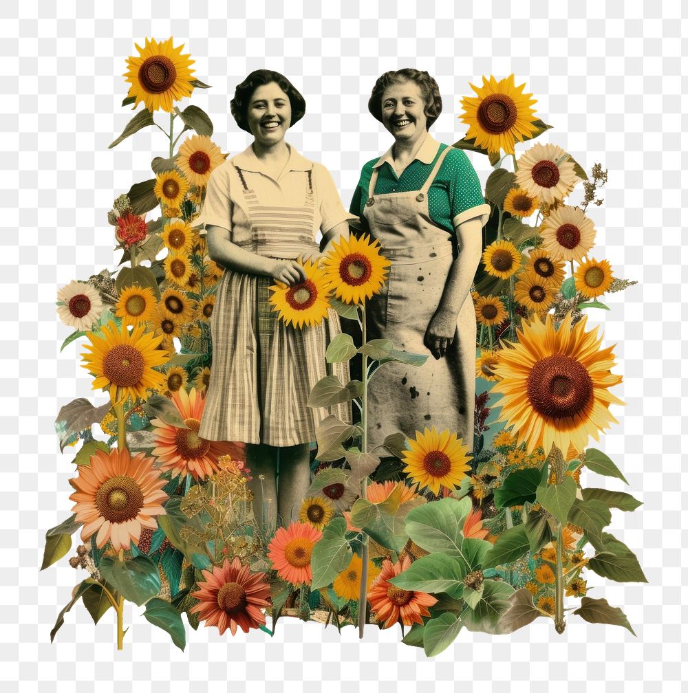 PNG Collage of happy women farmers sunflower painting plant.