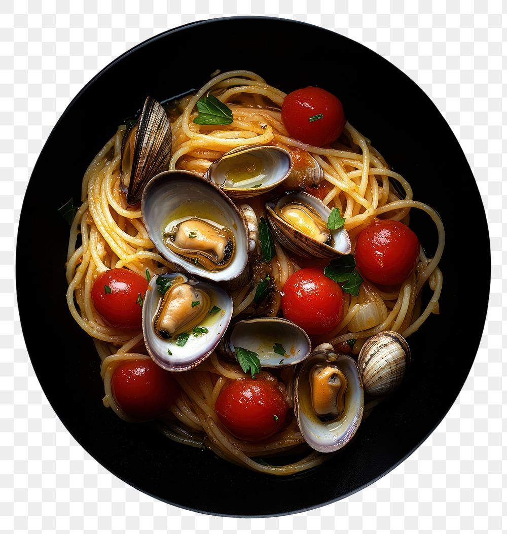 PNG A spaghetti garlic with Clams and cherry tomato clams food background.