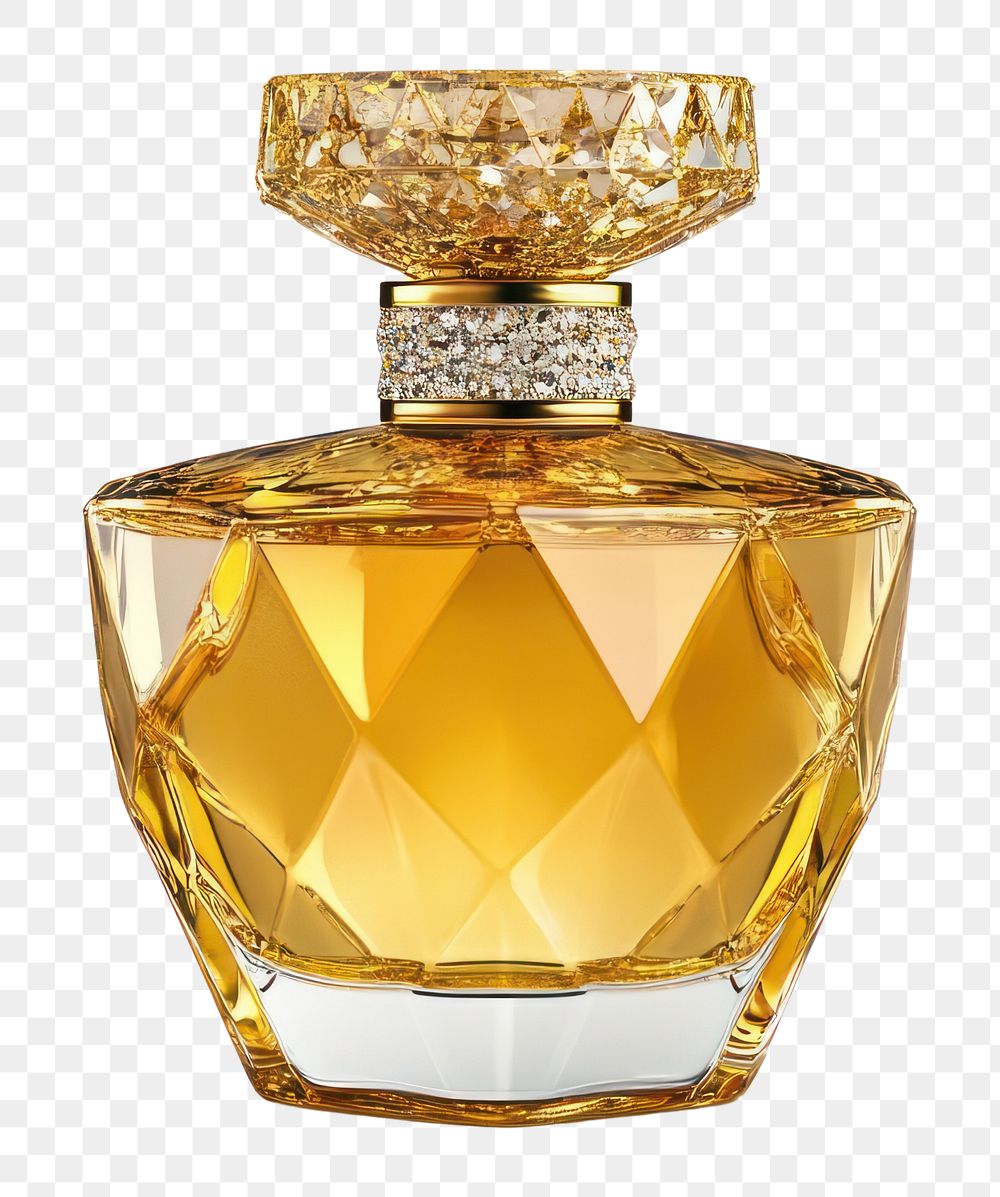 PNG A sparkling golden luxury perfume bottle diamond-shaped cosmetics fragrance.