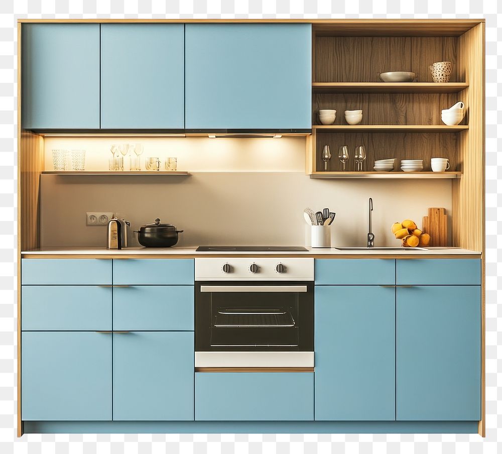 PNG Blue modern cabinet kitchen cabinets minimalist appliances.