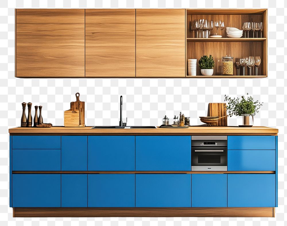 PNG Blue modern cabinet kitchen cabinets minimalist appliances.