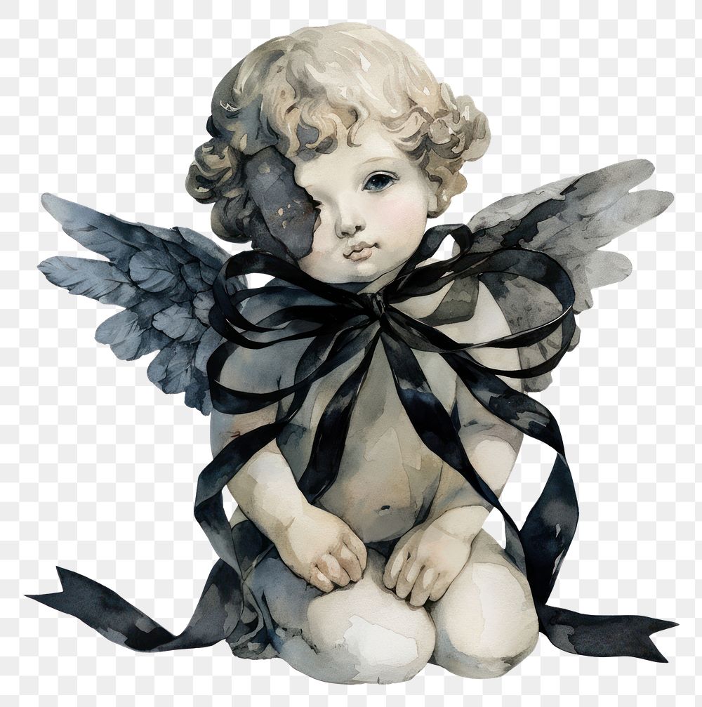 PNG Coquette Black Kneeling cherub statue with a missing face illustration watercolor ribbon.