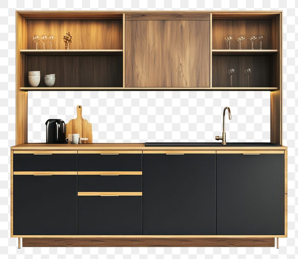 PNG Black modern cabinet kitchen minimalist furniture shelves.