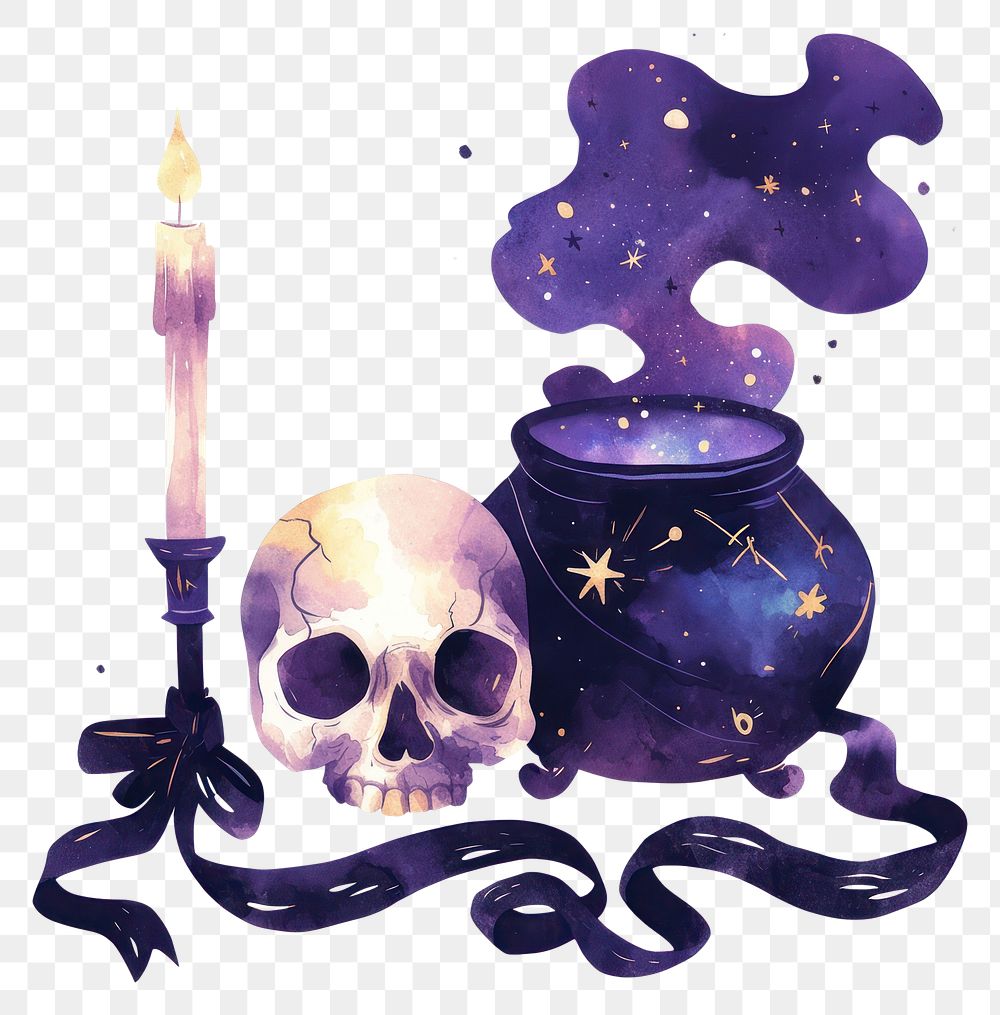 PNG Skull next to cauldron purple illustration witchcraft.