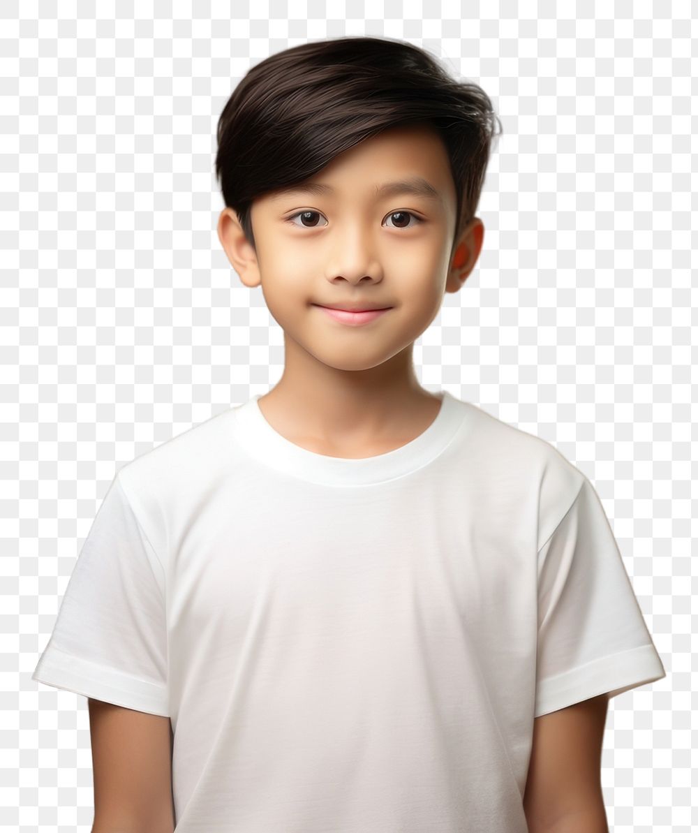 PNG A young asian boy wearing a white T-shirt background portrait t-shirt.