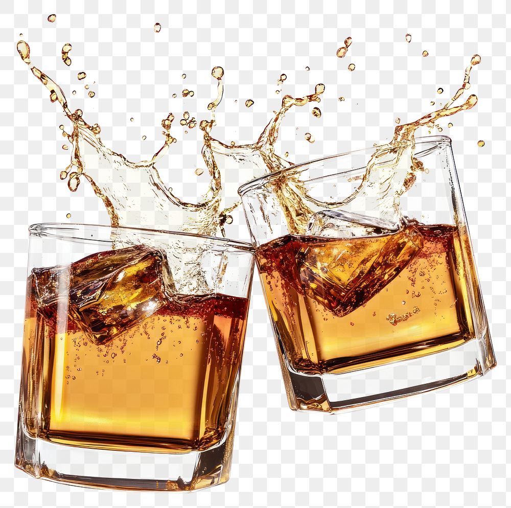 PNG Two whiskey glasses clinking together beverage alcohol splash.