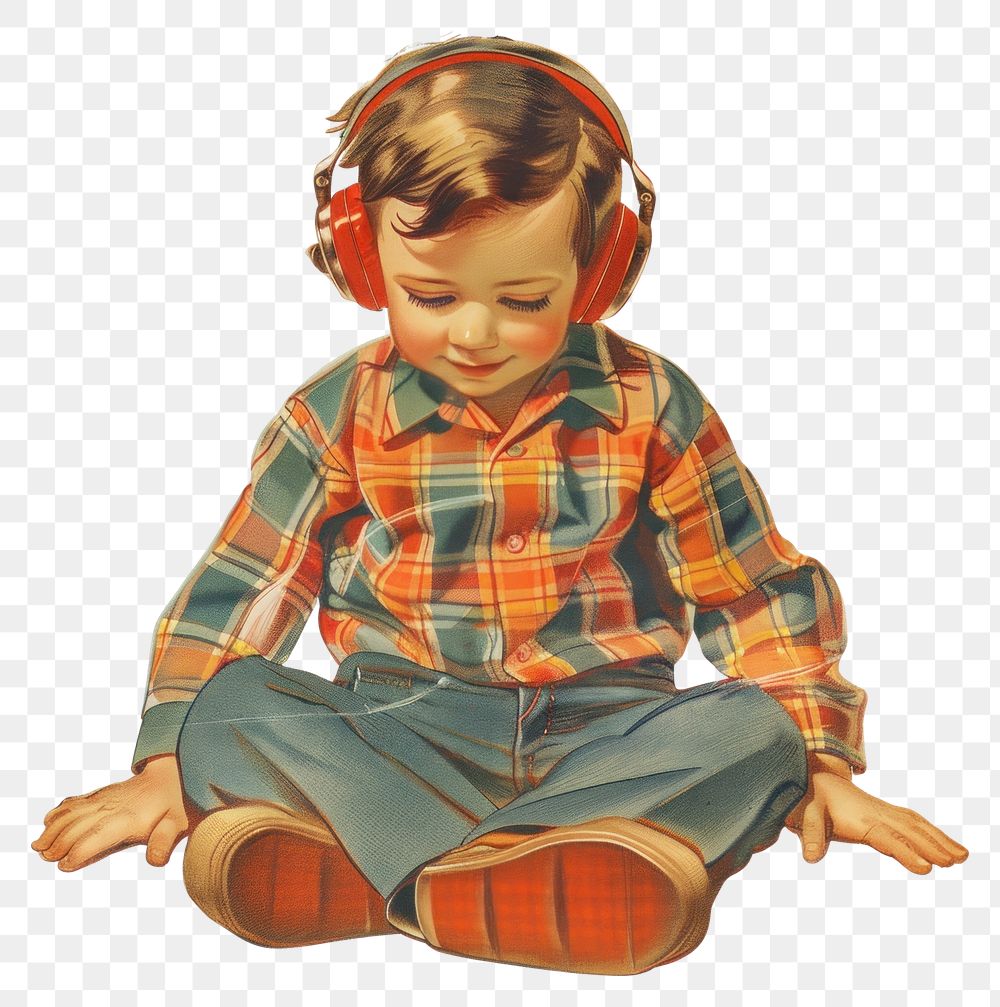 PNG Vintage illustration of cute boy Listening to music with headphones listening style photography.