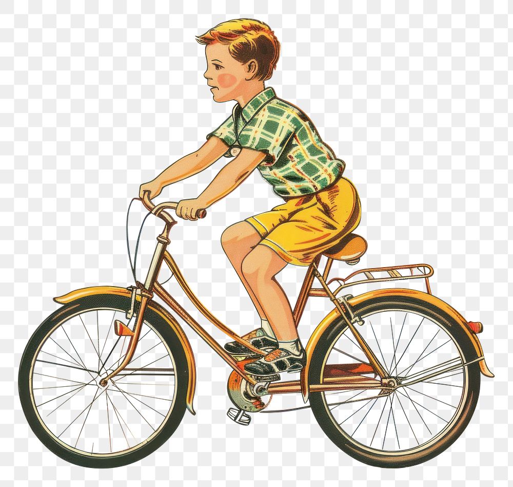 PNG Vintage illustration of boy Riding a bicycle riding bike transportation.