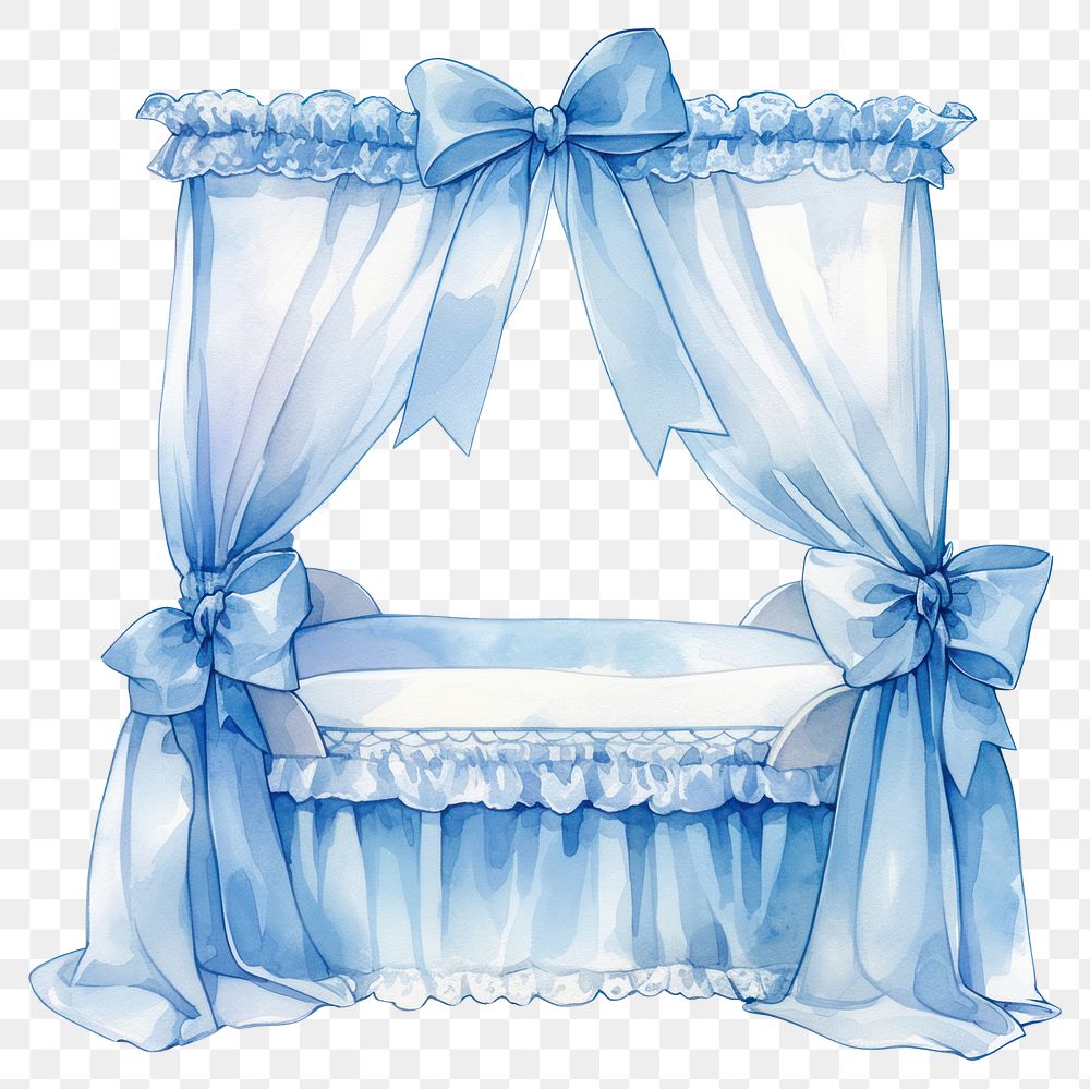 PNG Blue coquette crib illustration watercolor furniture.