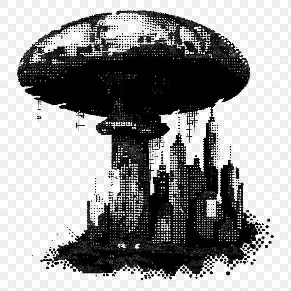 PNG A mushroom with a city on top art pixelated black.