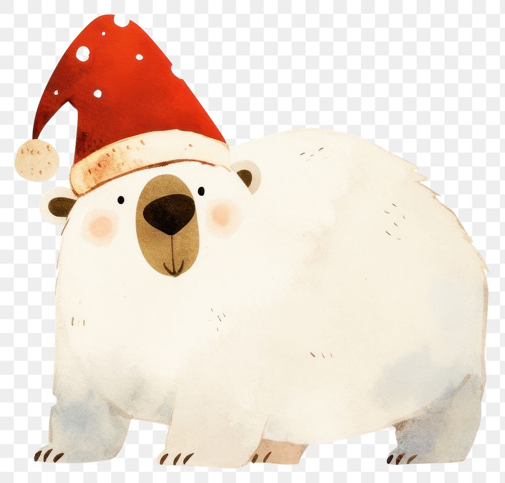 PNG A white bear wearing christmas hat illustration watercolor cartoon.