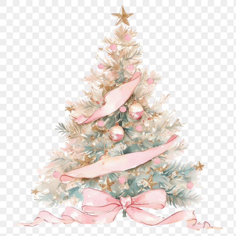 PNG Pastel coquette christmas tree illustration watercolor ribbon.